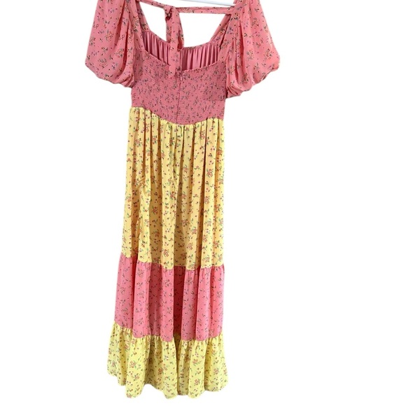 RTR Pink and Yellow Maxi Dress Puff Sleeves Square Neck - Picture 4 of 10
